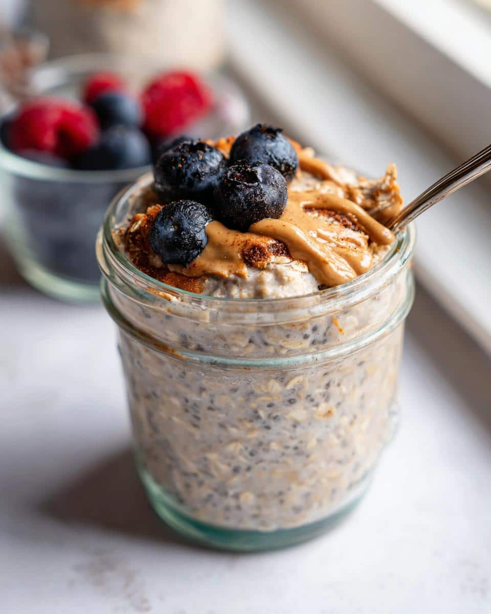Close-up of High Protein Oats Meal Prep in a jar, topped with peanut butter, blueberries, and cinnamon.