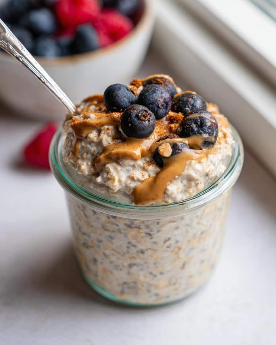 Close-up of High Protein Oats Meal Prep in a jar, topped with blueberries, peanut butter drizzle, and cinnamon.