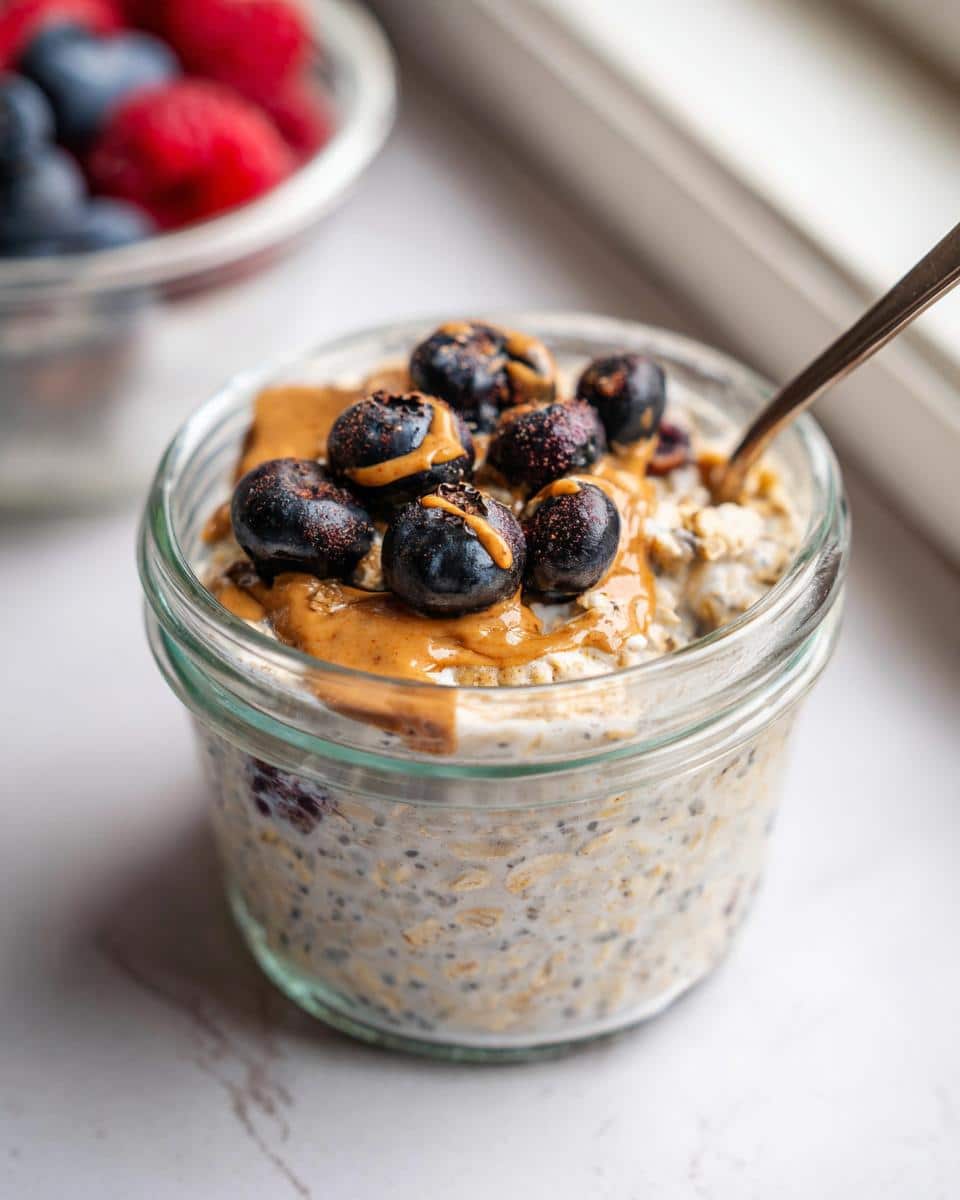 Close-up of High Protein Oats Meal Prep in a jar, topped with peanut butter and fresh blueberries.