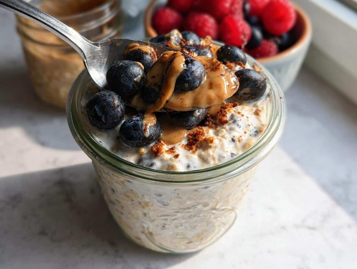 Close-up of a jar containing High Protein Oats Meal Prep topped with blueberries, peanut butter drizzle, and a spoon.