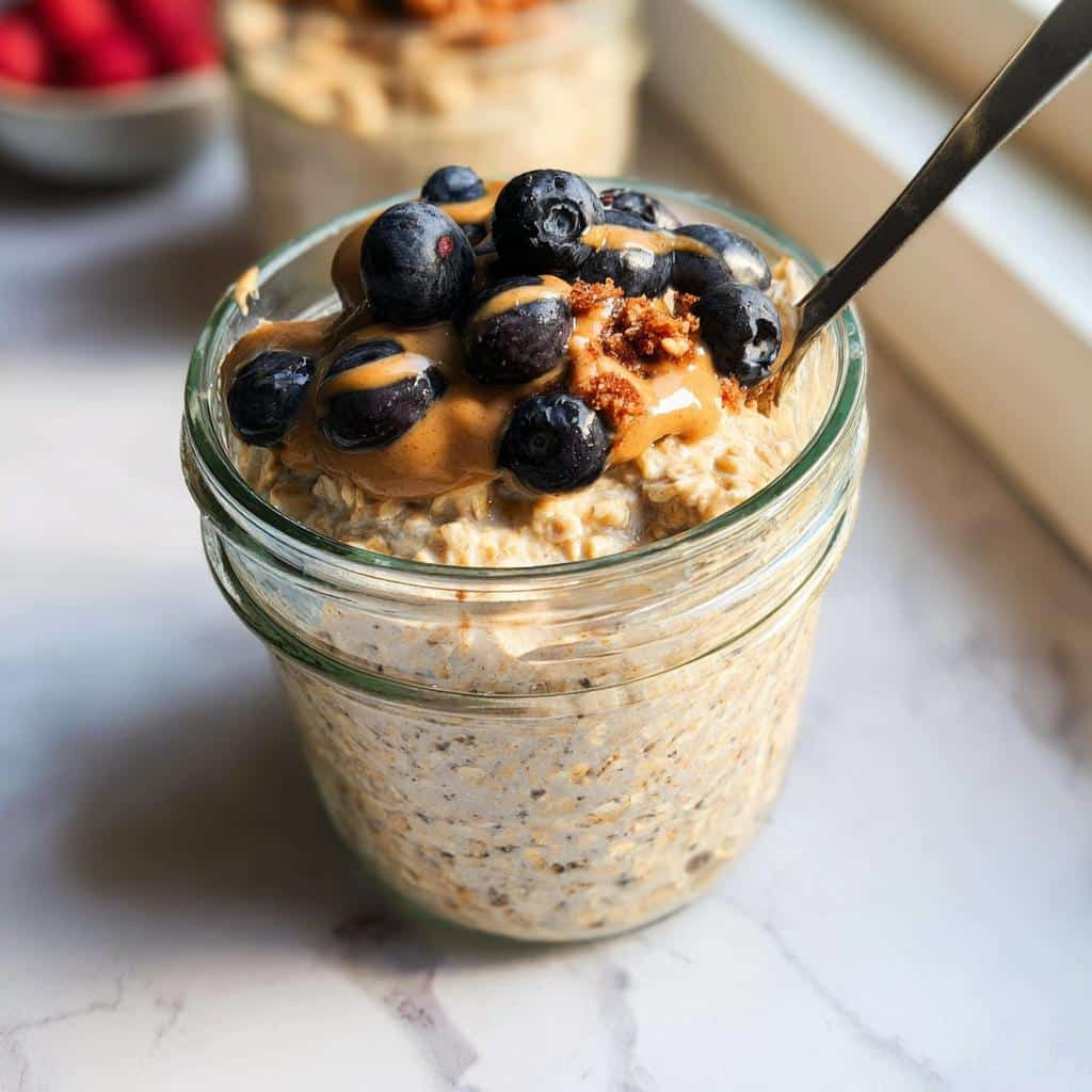 Close-up of High Protein Oats Meal Prep topped with peanut butter, fresh blueberries, and a sprinkle of nuts.