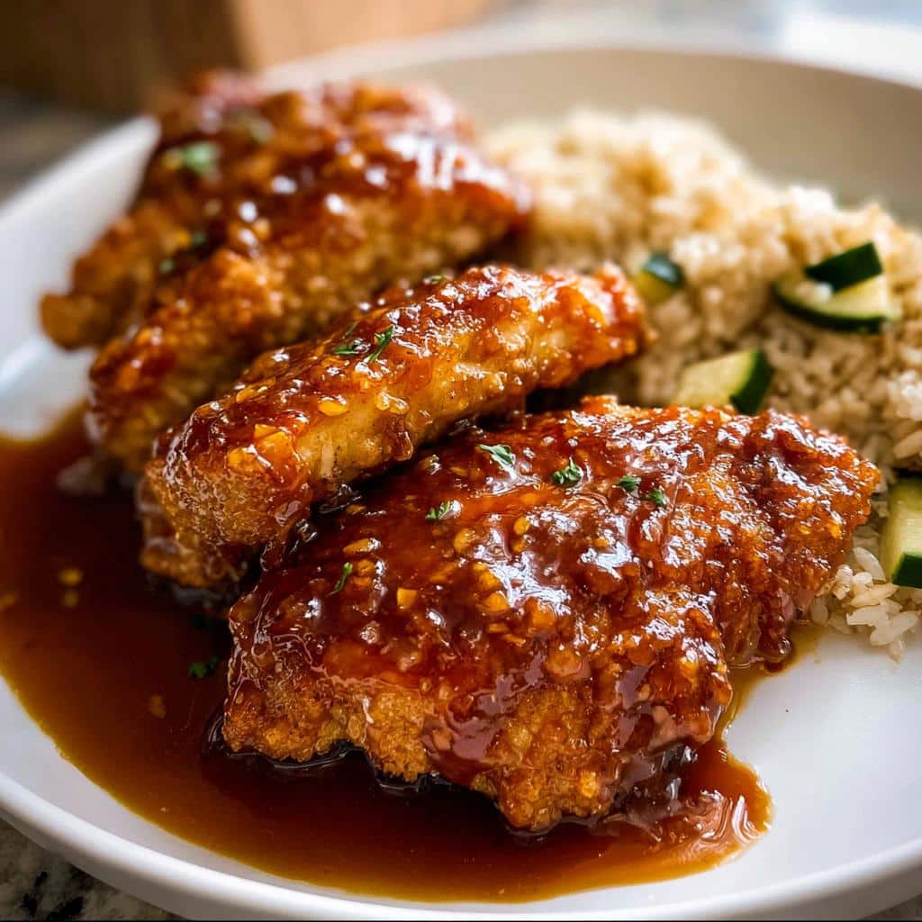 Close-up of crispy Honey Garlic Chicken pieces drenched in thick, glossy sauce, served alongside brown rice and sliced zucchini.