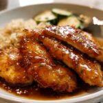 Close-up of pan-seared Honey Garlic Chicken fillets covered in a thick, glossy sauce, served with brown rice and zucchini.