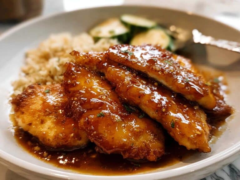 Close-up of pan-seared Honey Garlic Chicken fillets covered in a thick, glossy sauce, served with brown rice and zucchini.