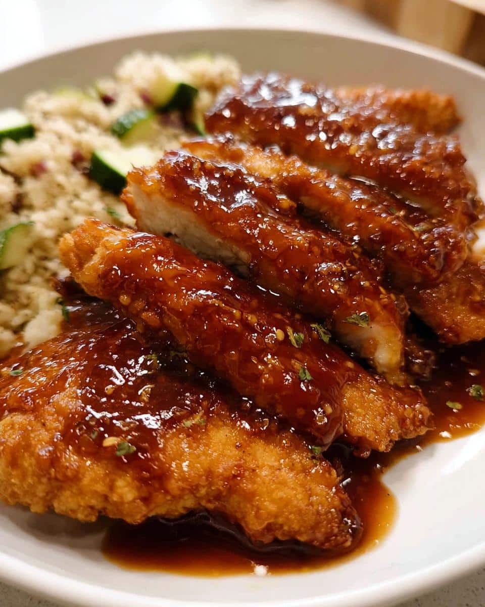 Close-up of sliced, crispy Honey Garlic Chicken coated in a thick, glossy sauce, served next to couscous and zucchini.