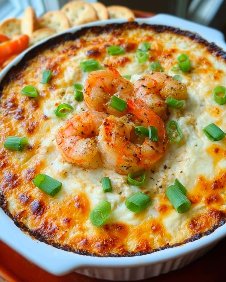 A close-up of hot Cajun Shrimp Dip, baked until golden brown and topped with seasoned shrimp and green onions.
