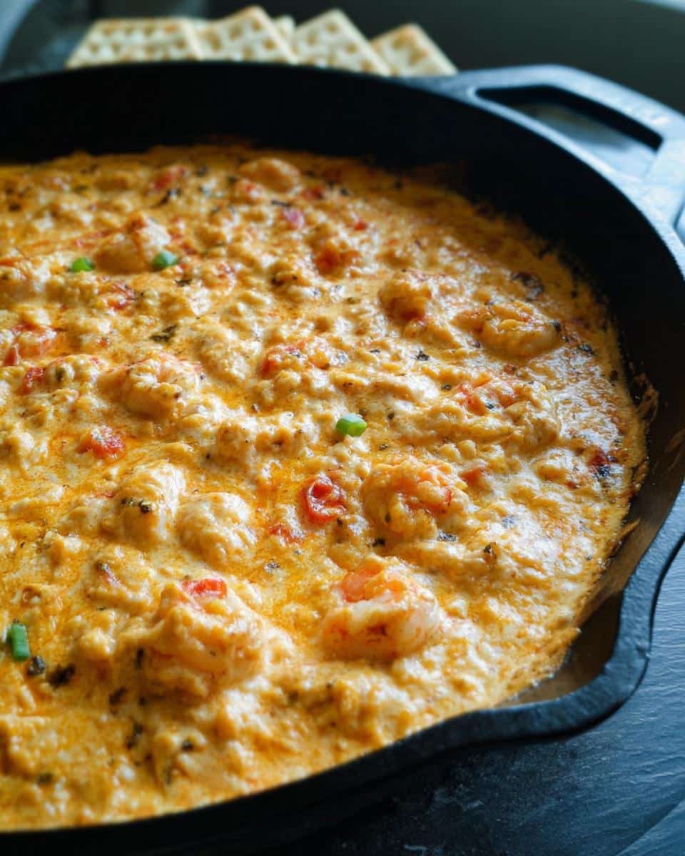 Close-up of a creamy, cheesy shrimp dip, one of the best Louisiana dip recipes, served hot in a black cast iron skillet with crackers nearby.