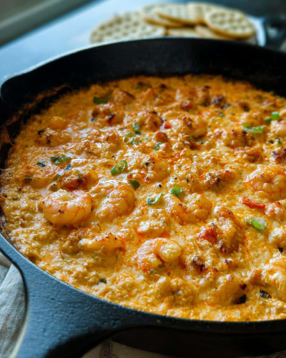 Close-up of a creamy, cheesy hot shrimp dip in a cast iron skillet, one of the best Louisiana dip recipes.
