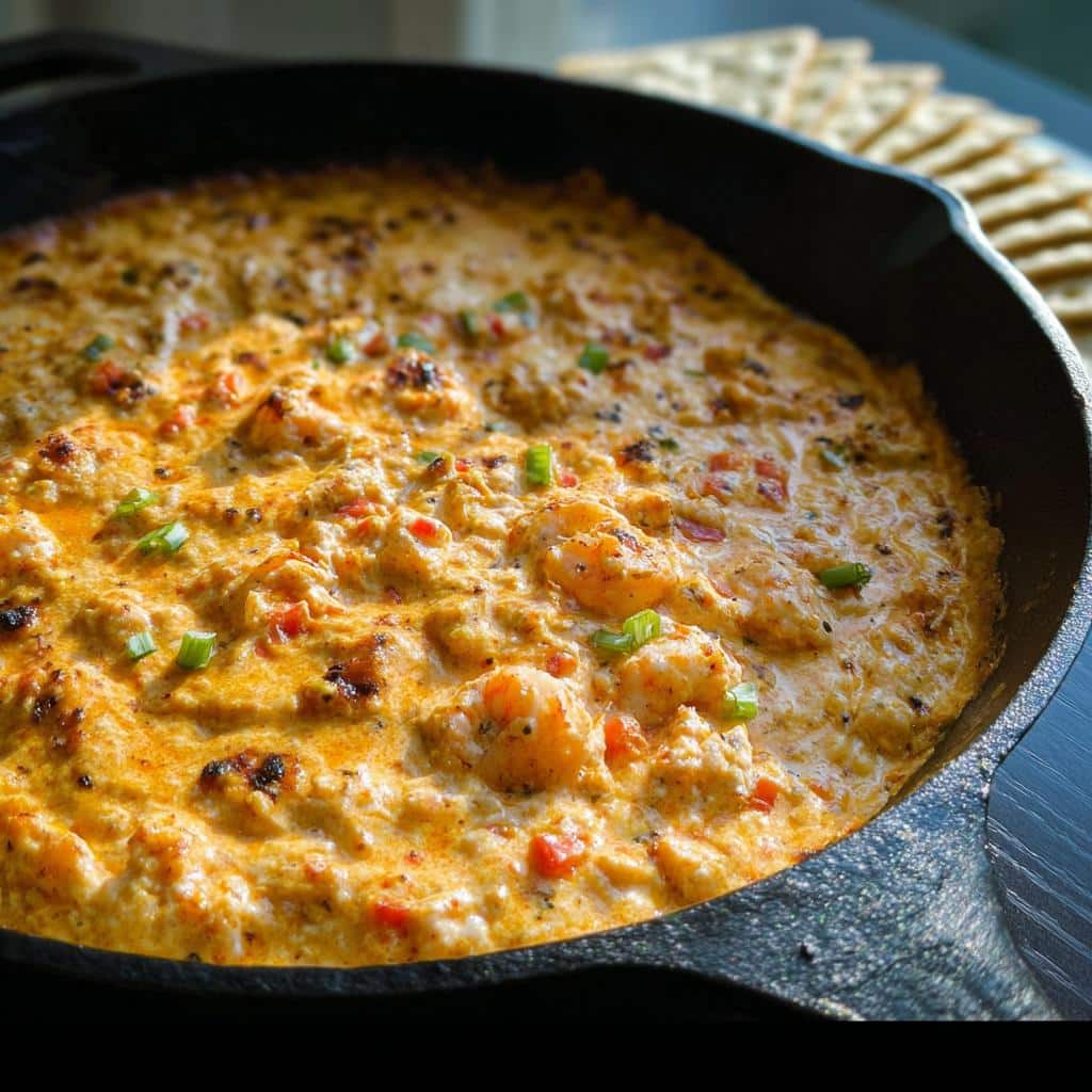 Close-up of a creamy, cheesy hot shrimp dip, one of the best Louisiana dip recipes, served in a black cast iron skillet.