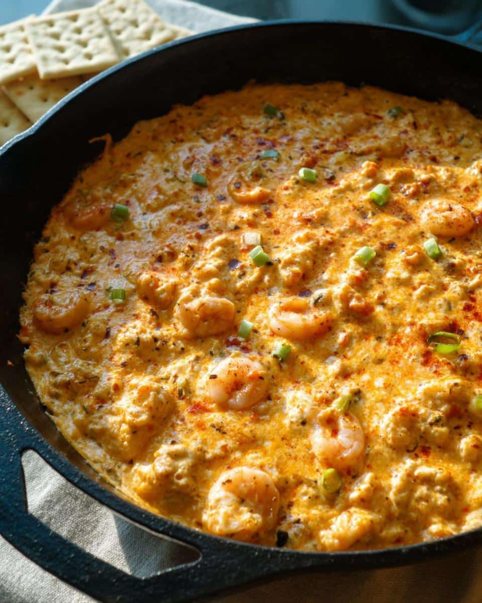Close-up of a creamy, cheesy shrimp dip in a black cast iron skillet, one of the best Louisiana dip recipes.