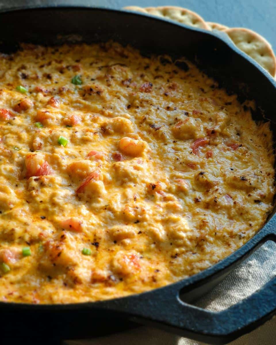 Close-up of a hot, cheesy shrimp dip in a black cast iron skillet, perfect for Louisiana dip recipes.