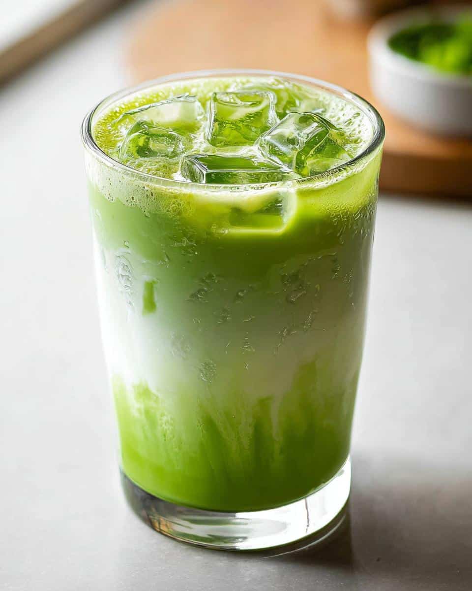Close-up of a tall glass filled with a layered Iced Matcha Latte, showing bright green matcha mixing with white milk over ice.