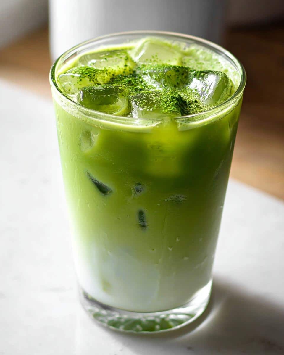 A tall glass of layered Iced Matcha Latte with ice cubes and a sprinkle of green matcha powder on top.