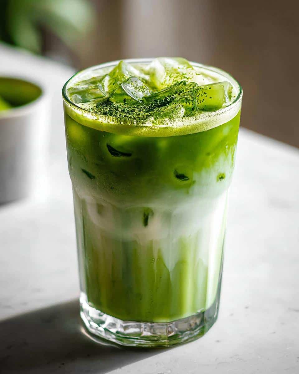 A tall glass showing a layered Iced Matcha Latte with milk on the bottom and vibrant green matcha poured over ice, topped with matcha powder.