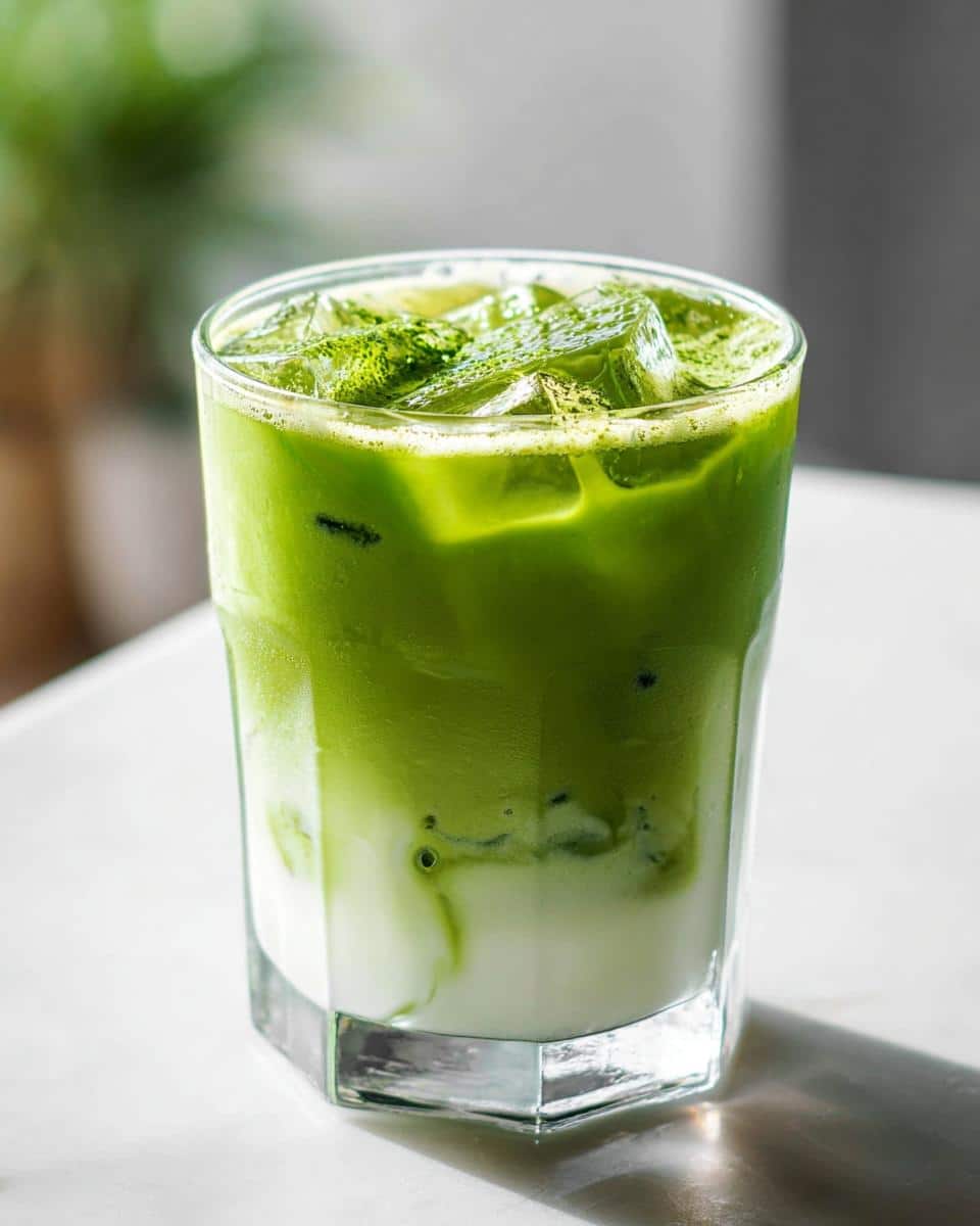 Close-up of a refreshing Iced Matcha Latte layered with milk and bright green matcha, topped with ice and matcha powder.