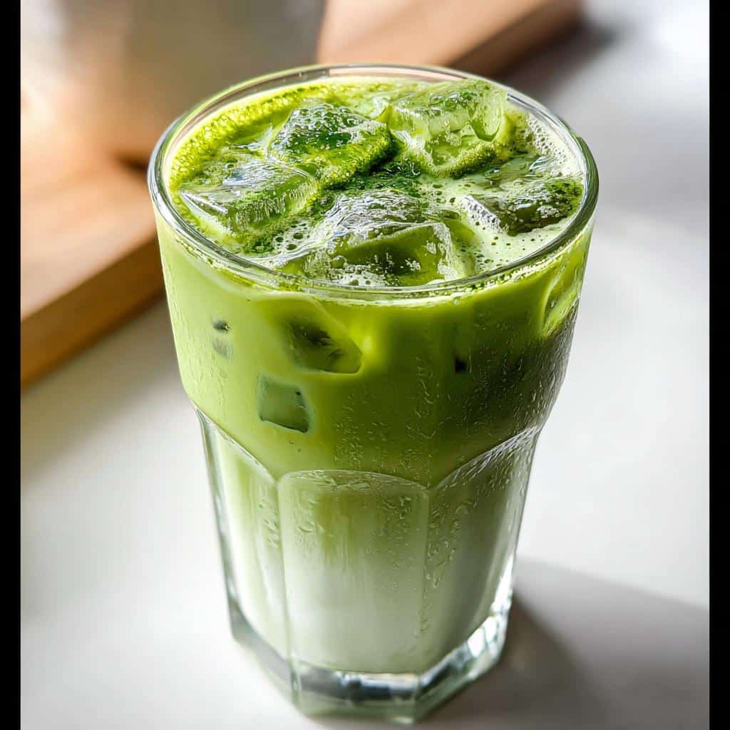 Close-up of a tall glass filled with a vibrant Iced Matcha Latte, showing layers of milk and bright green matcha over ice.