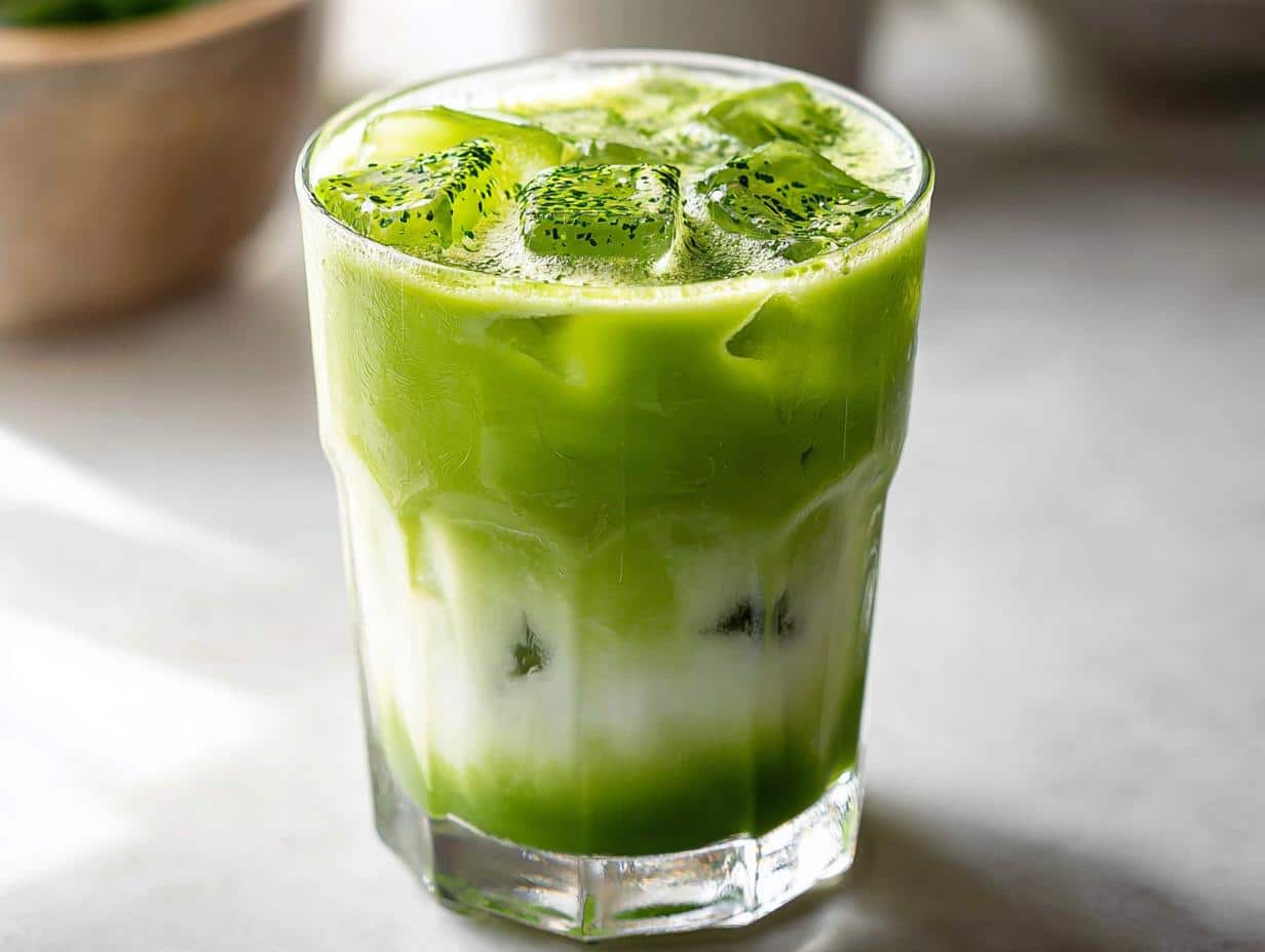 A tall glass filled with a vibrant green Iced Matcha Latte layered over milk and ice cubes.