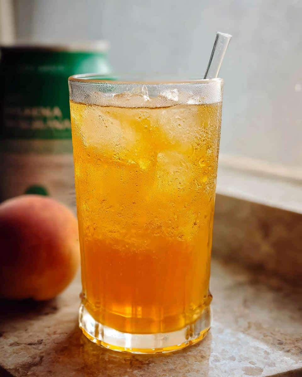 A tall, sweating glass filled with bright orange Iced Peach Green Tea and ice cubes, with a fresh peach nearby.