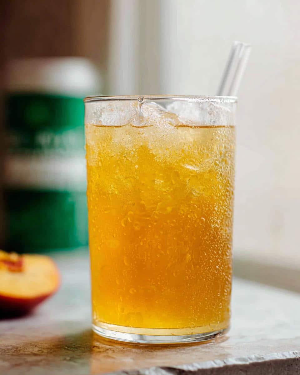 A tall, condensation-covered glass filled with bright yellow Iced Peach Green Tea and ice cubes, with a straw inserted.