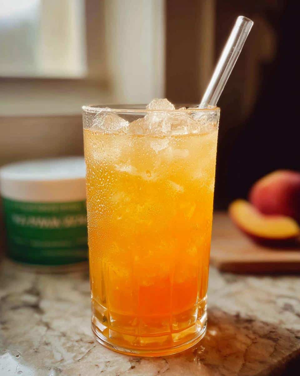 A tall, sweating glass filled with bright orange Iced Peach Green Tea, ice, and a glass straw.