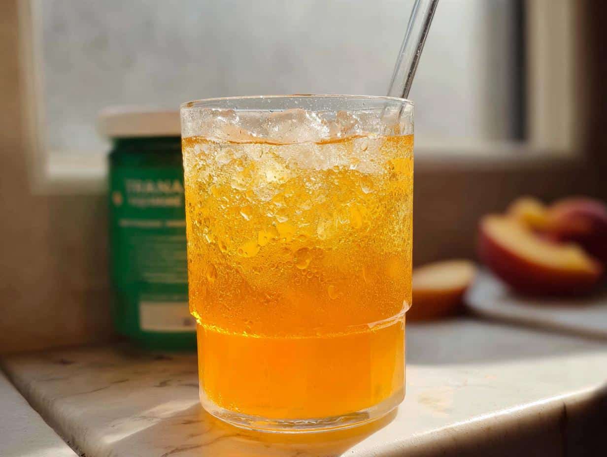 A close-up of a tall glass filled with vibrant orange Iced Peach Green Tea and ice cubes, condensation visible on the glass.
