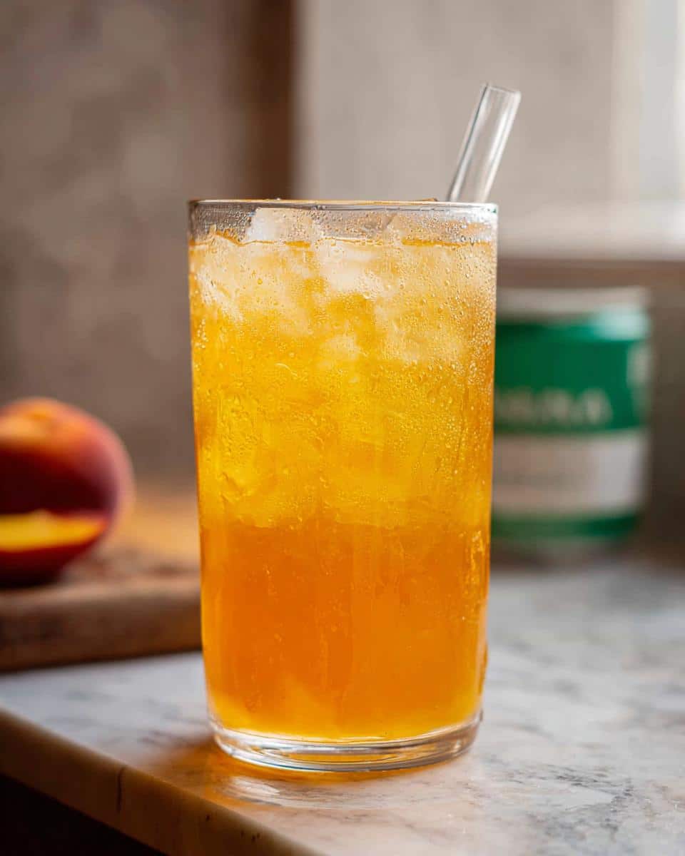 A tall, sweating glass filled with bright orange Iced Peach Green Tea and ice, served with a clear straw.
