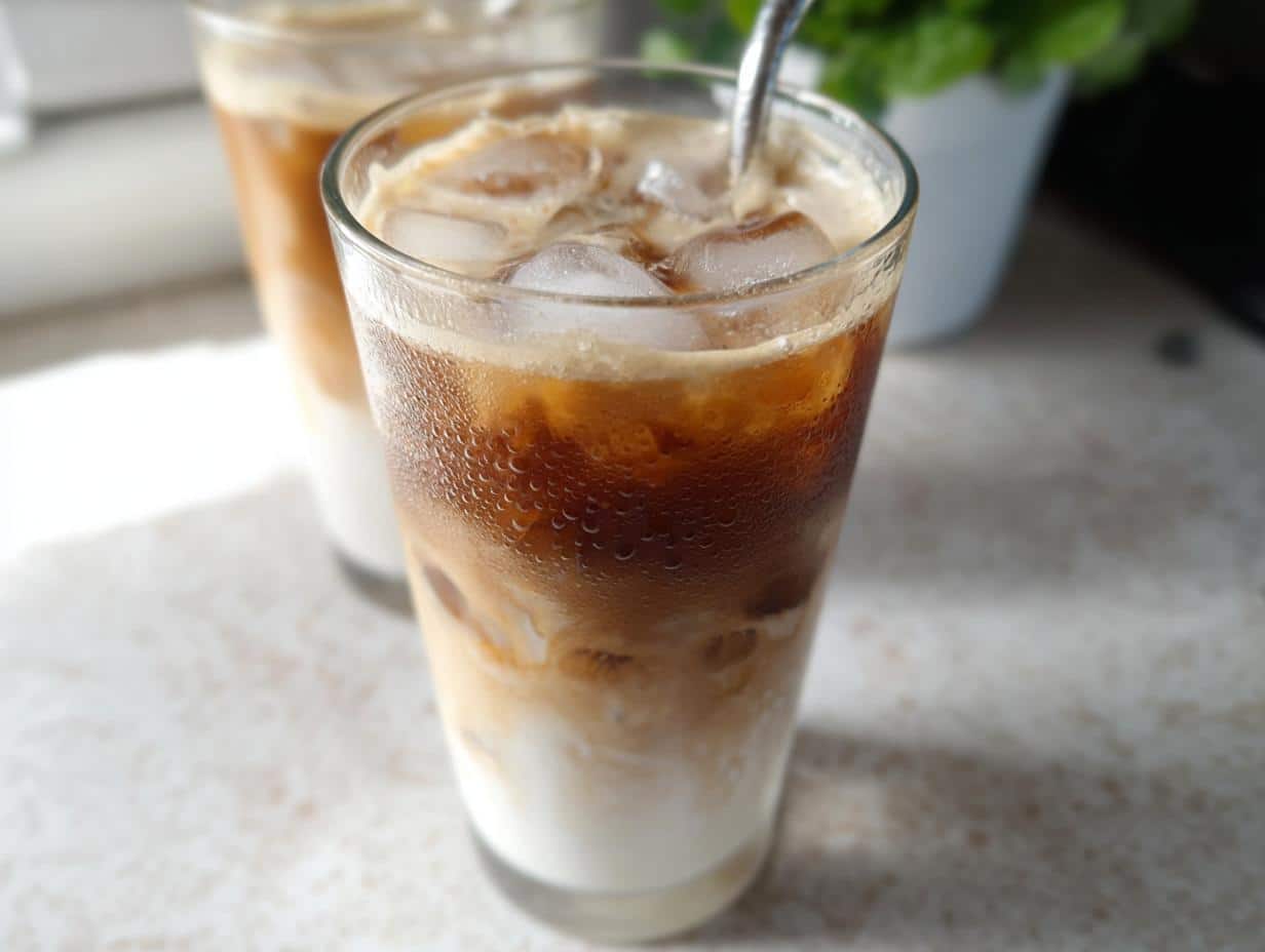 Close-up of a tall, sweating glass filled with a layered Iced White Chocolate Mocha, ice cubes, and milk.