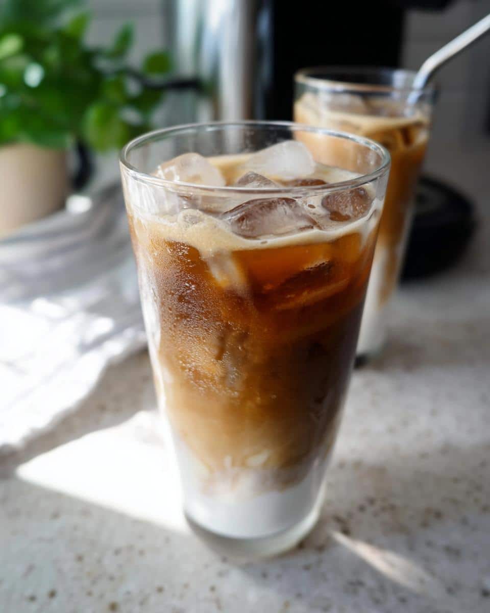 Close-up of a tall glass filled with a layered Iced White Chocolate Mocha, showing milk at the bottom and rich coffee over ice.