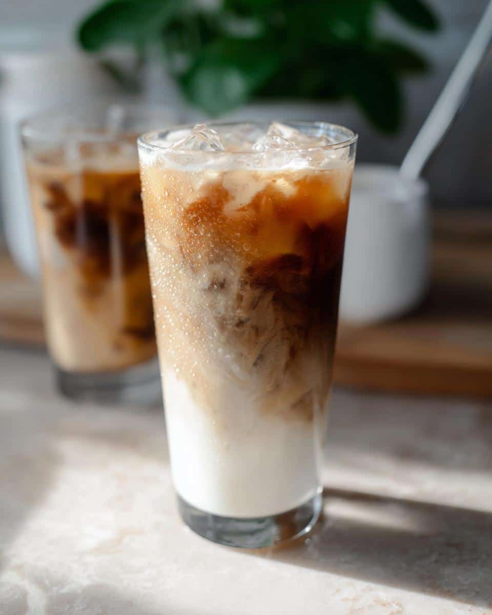 Close-up of a tall glass filled with a layered Iced White Chocolate Mocha showing layers of milk, espresso, and ice.