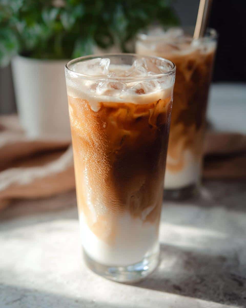 Close-up of a tall glass filled with a layered Iced White Chocolate Mocha, showing milk, espresso, and ice.