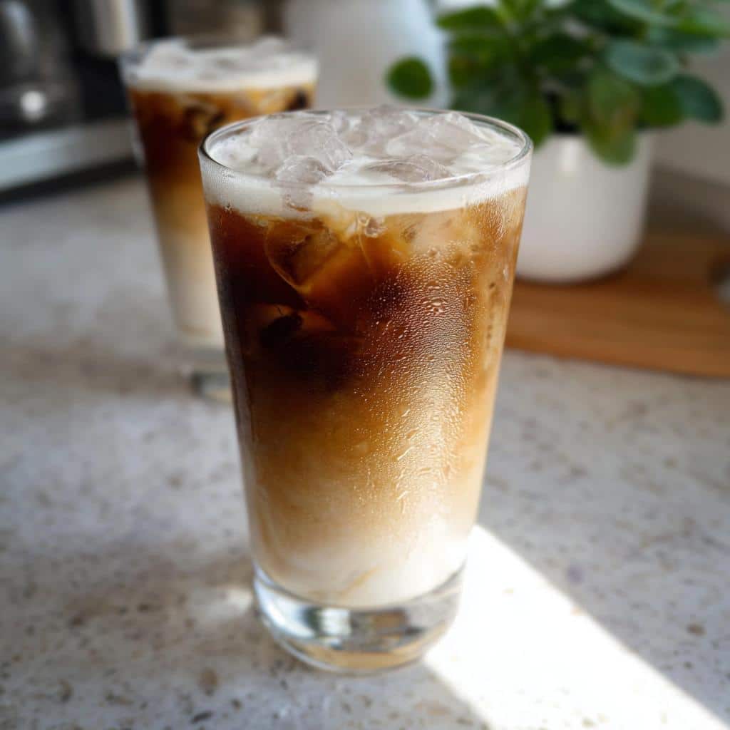 Close-up of a tall glass filled with a layered Iced White Chocolate Mocha, topped with ice.
