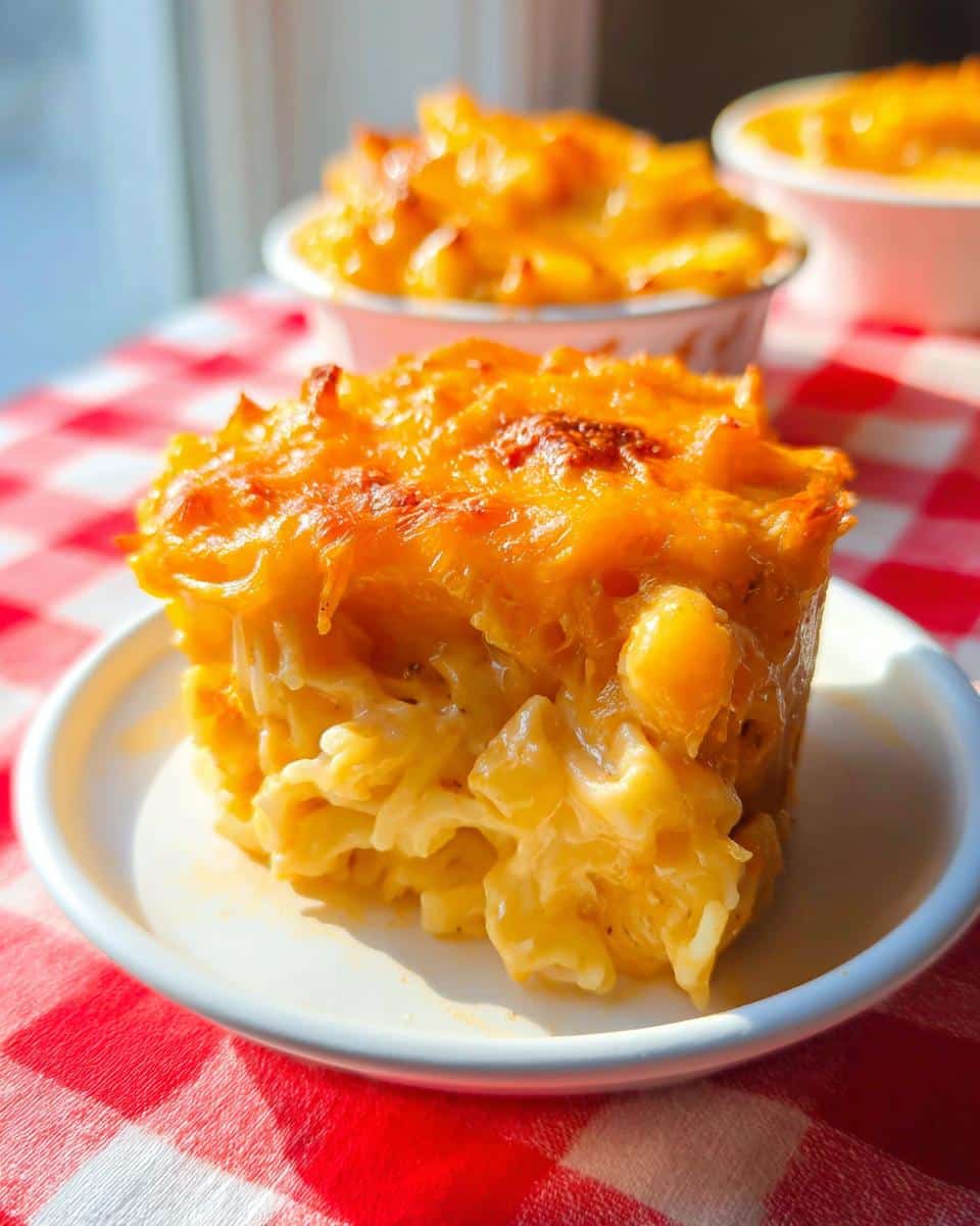 A perfectly baked, cheesy portion of Imposter Mac and Cheese served on a small white plate.