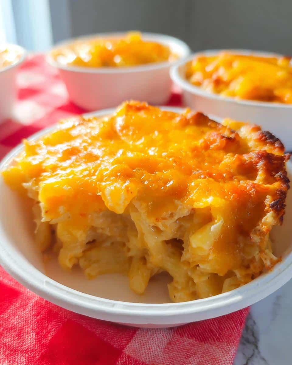 Close-up of a serving of baked Imposter Mac and Cheese with a golden, bubbly cheese crust.