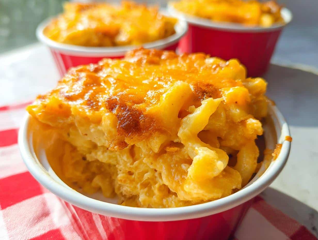 Close-up of a single serving of creamy Imposter Mac and Cheese in a red cup with a golden, baked cheese crust.