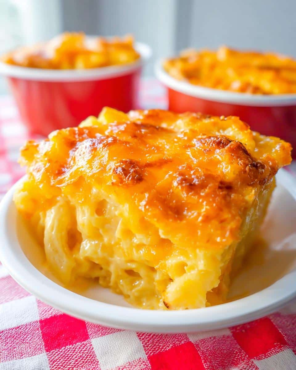 A square serving of creamy, baked Imposter Mac and Cheese with a golden-brown cheesy top.