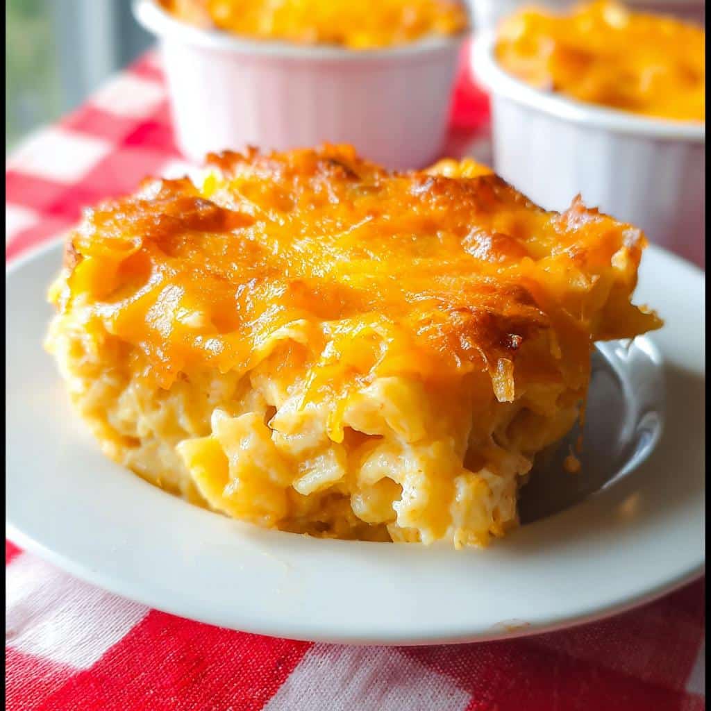 A close-up of a baked slice of Imposter Mac and Cheese with a golden, bubbly cheese crust.