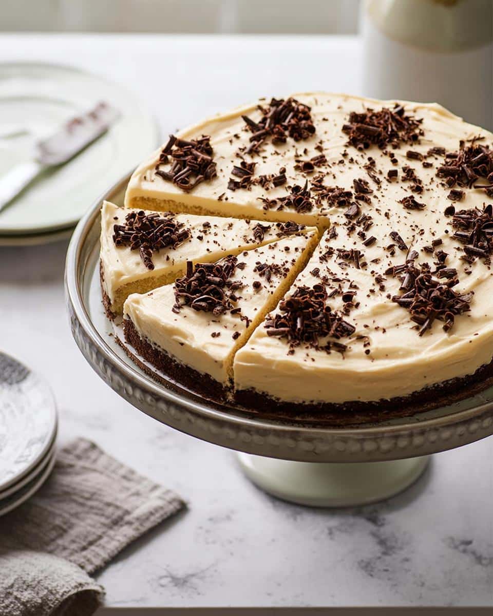 A beautiful Irish Cream Cake, partially sliced, topped with creamy frosting and dark chocolate shavings, displayed on a cake stand.