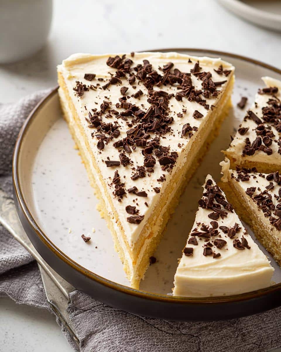 A slice of layered Irish Cream Cake topped with white frosting and dark chocolate shavings, served on a plate.