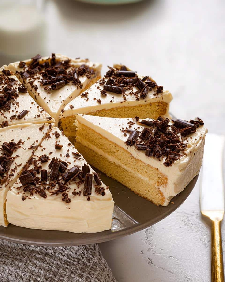 Several slices of layered Irish Cream Cake topped with creamy frosting and dark chocolate shavings on a platter.