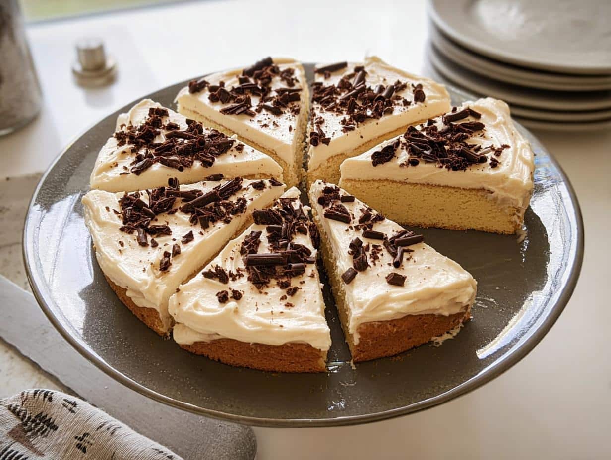 Six slices of Irish Cream Cake topped with thick white frosting and dark chocolate shavings on a gray cake stand.