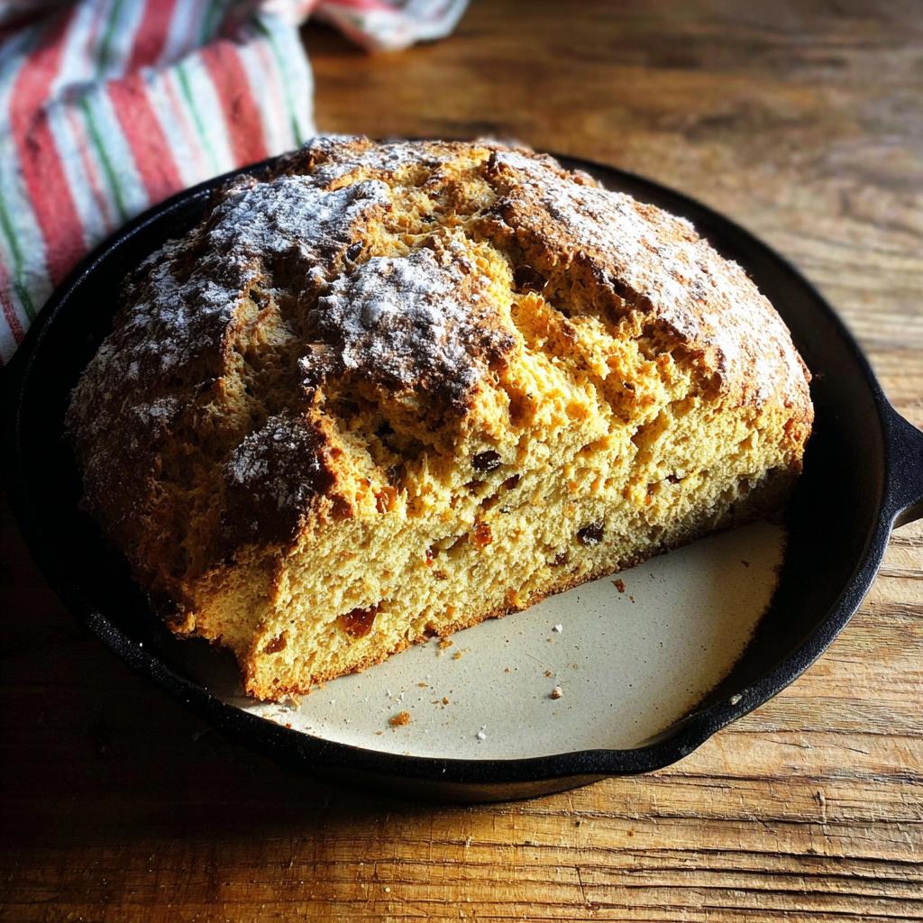 A golden brown, round loaf of Irish Soda Bread dusted with powdered sugar, resting in a cast iron skillet.