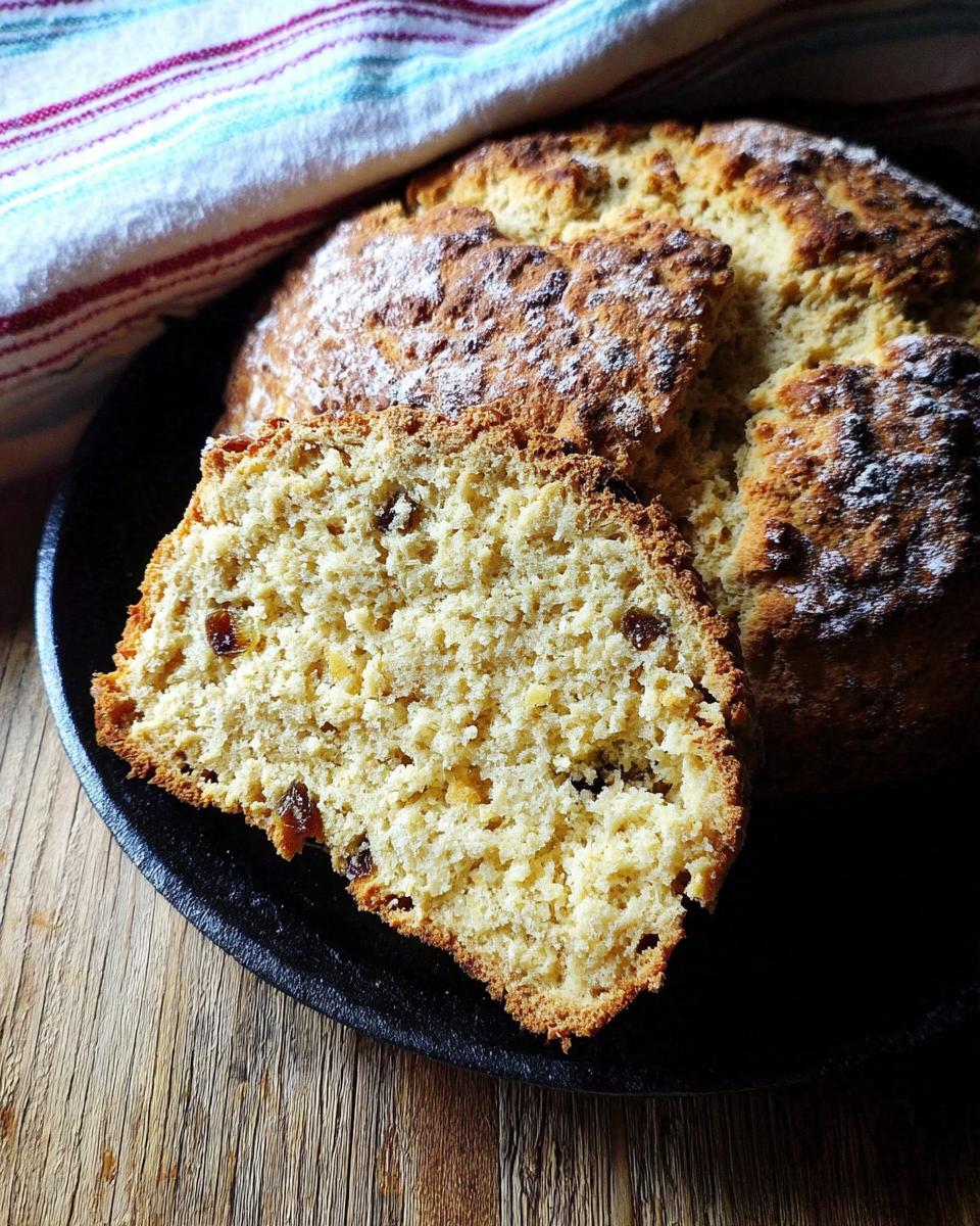 A thick slice cut from a loaf of golden brown Irish Soda Bread, showing raisins inside, resting on a black plate.