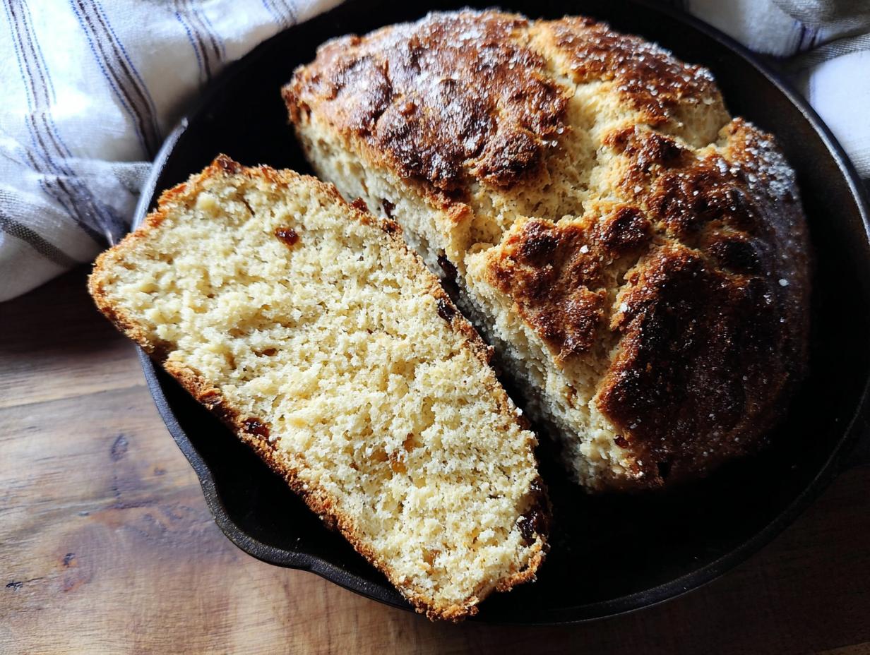 A rustic loaf of Irish Soda Bread, partially sliced, showing the crumb texture and raisins, served in a cast iron skillet.