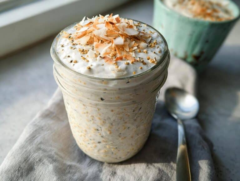 Close-up of creamy Coconut Overnight Oats in a glass jar, topped with toasted coconut flakes.