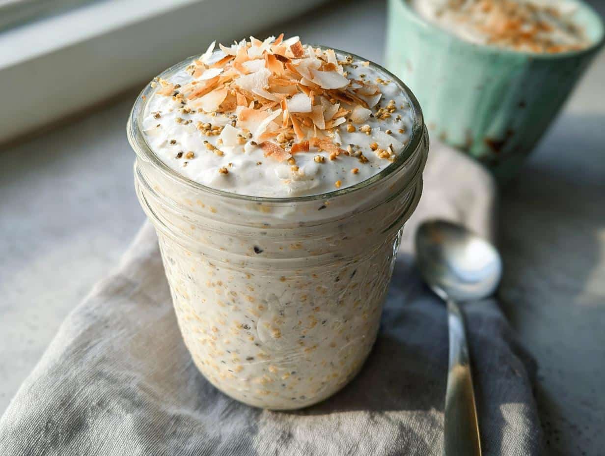 Close-up of creamy Coconut Overnight Oats in a glass jar, topped with toasted coconut flakes.