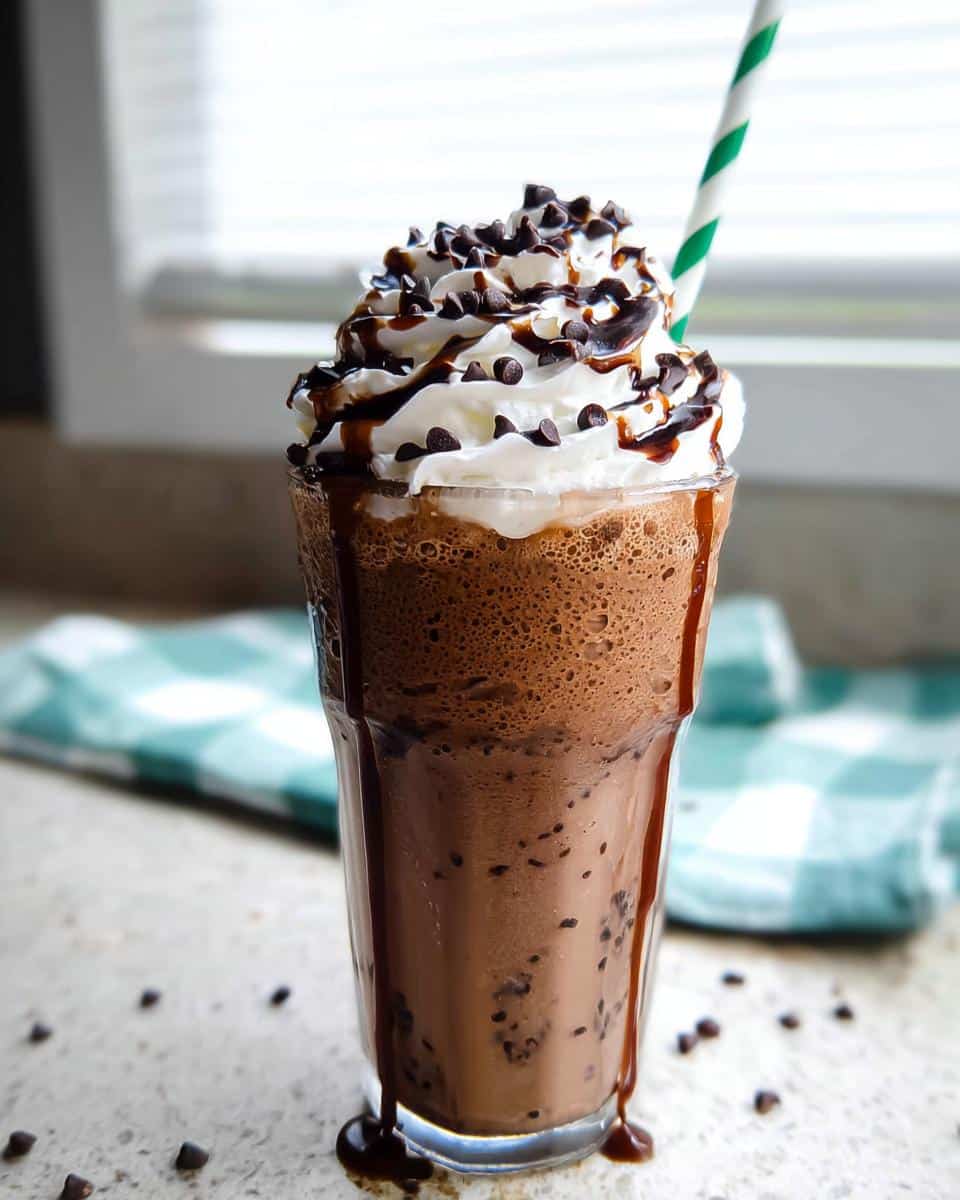 A tall glass of homemade Java Chip Frappuccino topped with whipped cream, chocolate drizzle, and mini chocolate chips.