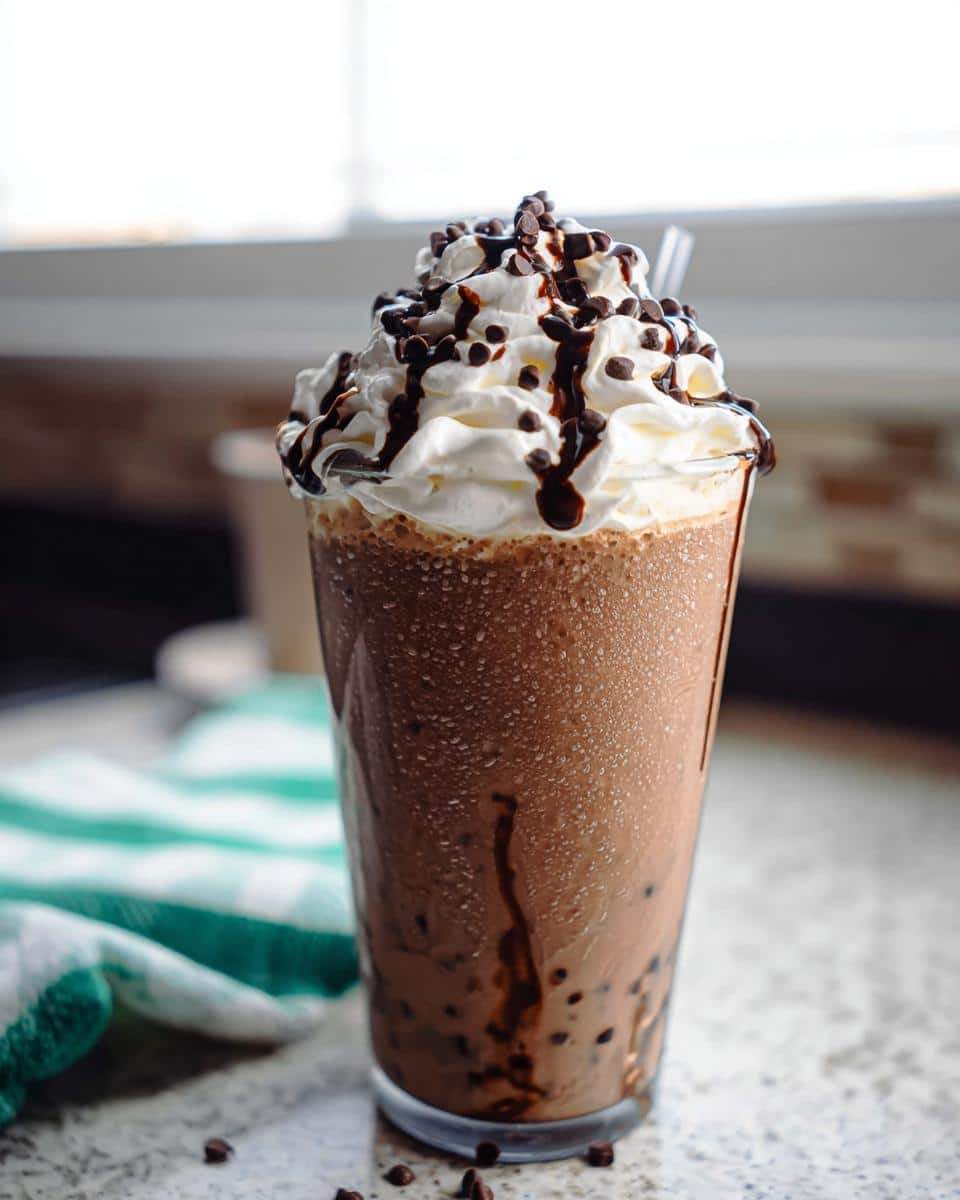 A tall glass of blended Java Chip Frappuccino topped high with whipped cream, chocolate syrup, and mini chocolate chips.