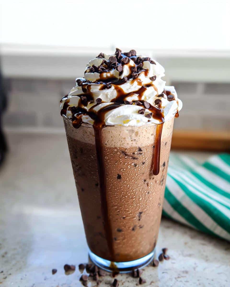 A tall glass of blended Java Chip Frappuccino topped with whipped cream, chocolate drizzle, and mini chocolate chips.