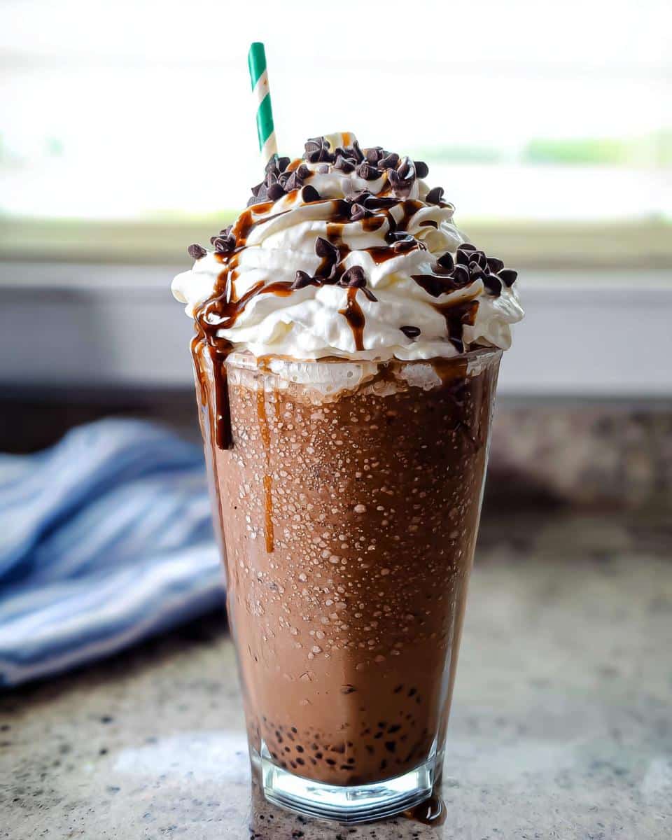 A tall glass filled with a blended Java Chip Frappuccino, topped with whipped cream, chocolate chips, and mocha drizzle.