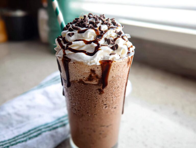 A tall glass of blended Java Chip Frappuccino topped with whipped cream, chocolate syrup drizzle, and mini chocolate chips.